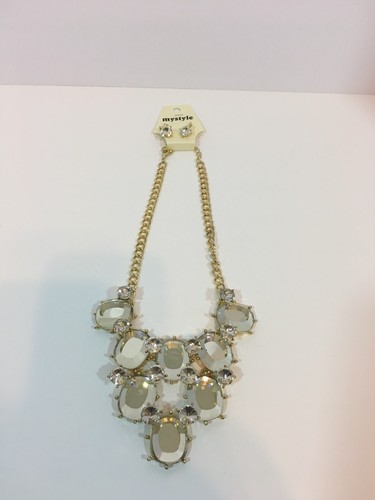 Fashion Gold Chain Crystal Rhinestone Bib Necklace Stud Earring Set - Picture 2 of 4
