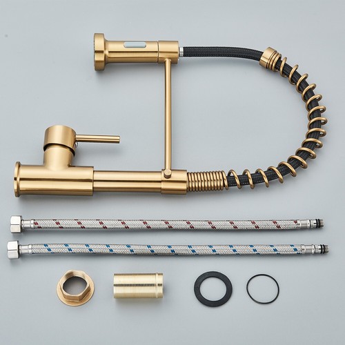 Pull Down Sprayer Brushed Gold Kitchen Sink Faucet Swivel Single Hole Mixer Tap - Picture 9 of 9