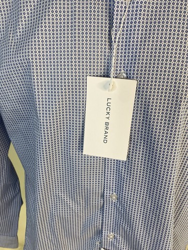 Lucky Brand Shirt Mens Medium Slim White & Blue Dress Geometric Stretch NEW - Picture 6 of 13