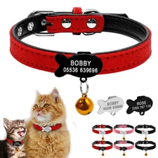 Soft Suede Leather Personalized Cat Kitten Collars with Bell Free Engraved Name