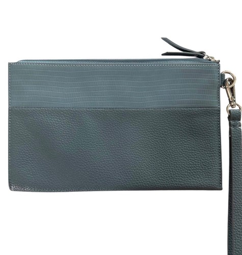 CHICO’S Pale Blue Faux Leather Pouch Purse Bag Wristlet 8.5”x5” Travel Fun - Picture 2 of 2