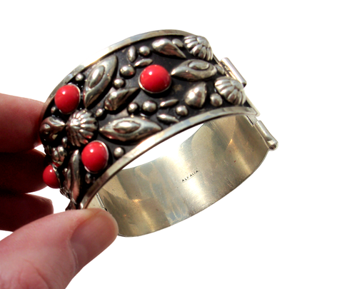 Silver Alpaca Floral Bracelet /Coral Red Glass Cabochon Panel Bangle Pin Hinged - Picture 12 of 12