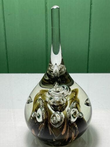 LARGE MURANO STYLE BROWN & COPPER WISPS & BUBBLES TEARDROP ART GLASS PAPERWEIGHT