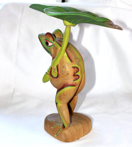 12" Wooden Carved Frog with leaf umbrella Artist Carving Made in Indonesia