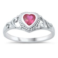 Heart Baby Ring Genuine Sterling Silver 925 Red CZ Height 7 mm Size 1 - 12