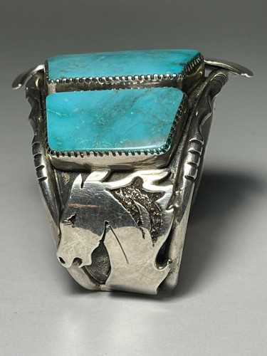 Signed Dan Nieto Navajo Sterling Turquoise Cuff - Picture 4 of 10