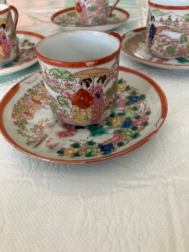 Satsuma Set 6 Tassen & 4 Teller Porzellan Vintage Japanische Geisha - Bild 3 von 9
