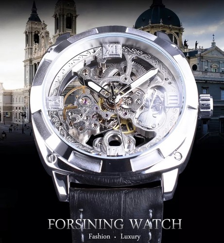 Forsining Herren Skelett Mechanisch Wasserdicht Luxus Uhr Leder Geschenkidee - Bild 4 von 11