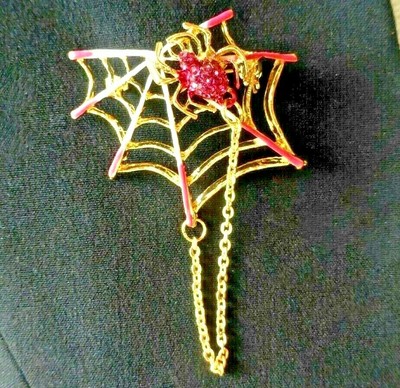 VINTAGE STYLE ENAMEL CRYSTAL SPIDER WEB DANGLE BROOCH RHINESTONE DANGLE PIN