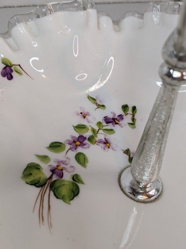 Fenton Silver Crest Milkglass Candy Trinket Dish Handpainted Purple Flowers - Picture 5 of 9