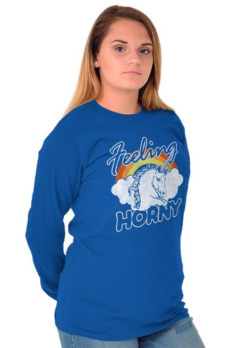 Funny Sarcastic Unicorn Pun Feeling Horny Long Sleeve T Shirt Tees For Women - Picture 5 of 8