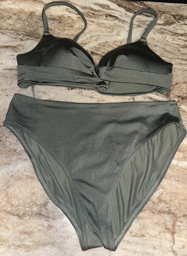Womens Metallic Green Olive 2 Pc Bikini Bathing Suit Swimsuit Adjustable Top S/M - Picture 1 of 8