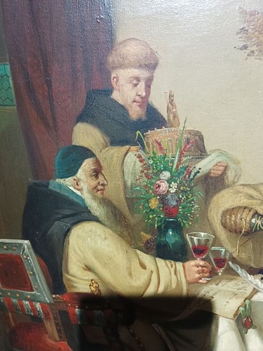 19th c. Dutch School Oil Painting Of Confidence Trickster Monks - Picture 11 of 16