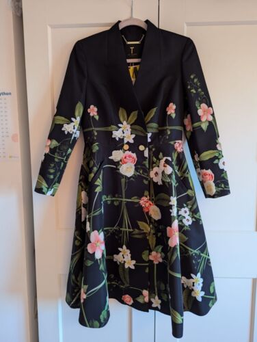 BNWT Ted Baker Secret Trellis Black Textured Floral Satin Dress Coat UK 10 TB 2 - Picture 2 of 13