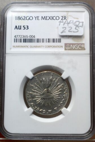 1862 Go YE MEXICO SILVER 2 REALES NGC AU53