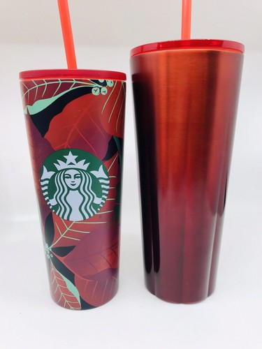 Starbucks Holiday 2020 Venti Tumbler Ombré Red Scalloped & Red Poinsettia Set - Picture 2 of 9