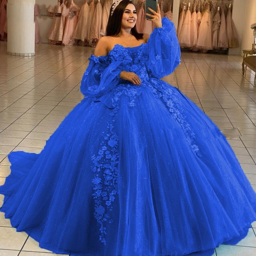 Sweet 16 Ball Gown Quinceanera Dresses 3D Flowers Off Shoulder Prom Party Dress - Picture 16 of 21