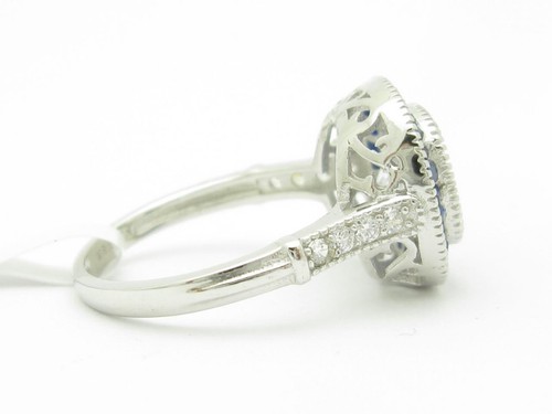 Platinum Sterling Silver Blue & White Sapphire Cushion Design Halo Ring Size 9 - Picture 4 of 12
