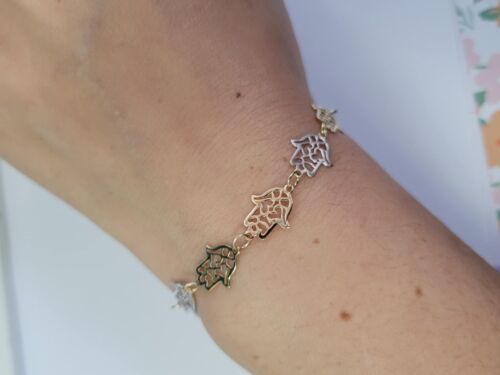 Real 14K Tri Tone Gold Lucky Hamsa Hand 7.25'' Womens Bracelet Girls - Picture 10 of 11