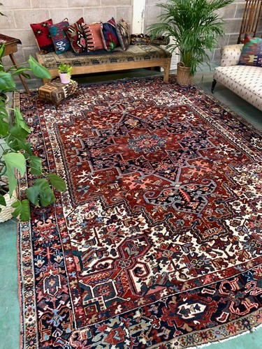 Alfombra Antigua Heriz 353x263 cm Lana Oriental Hecha a Mano Alfombra Roja, Marrón, Azul - Imagen 2 de 12