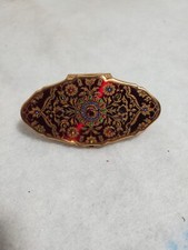 Stratton Lipview Red Enamel Gold Overlay Floral Lipstick Holder Mirror England