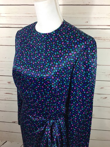 Vtg POSH By Jay Anderson Blue Confetti Silky Polyester Dress Long Sleeves Small - Picture 7 of 12