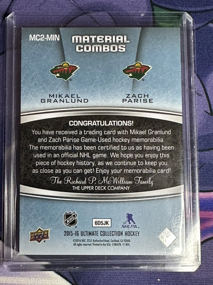 15-16 Ultimate Collection Hockey Zach Parise-Mikael Granlund Combo Materials /10 - Image 2 of 2