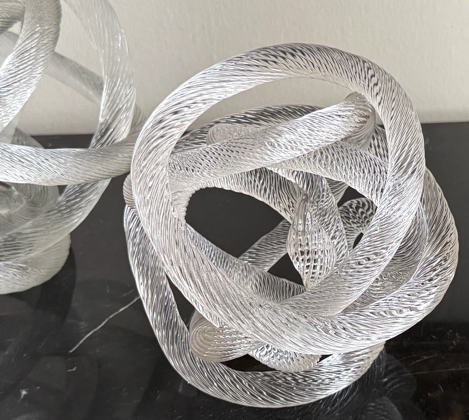 Murano After Zanetti Pair of Clear Twisted Ribbed Rope Knot Art Glass Sculptures - Image 3 of 4