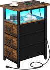 End Table with Charging Station, LED Narrow Side Table Bedside Table, Small Nigh