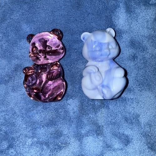 Vintage Set Of 2 Fenton Purple & Pink Glass Sitting Bear Figurines Handmade USA