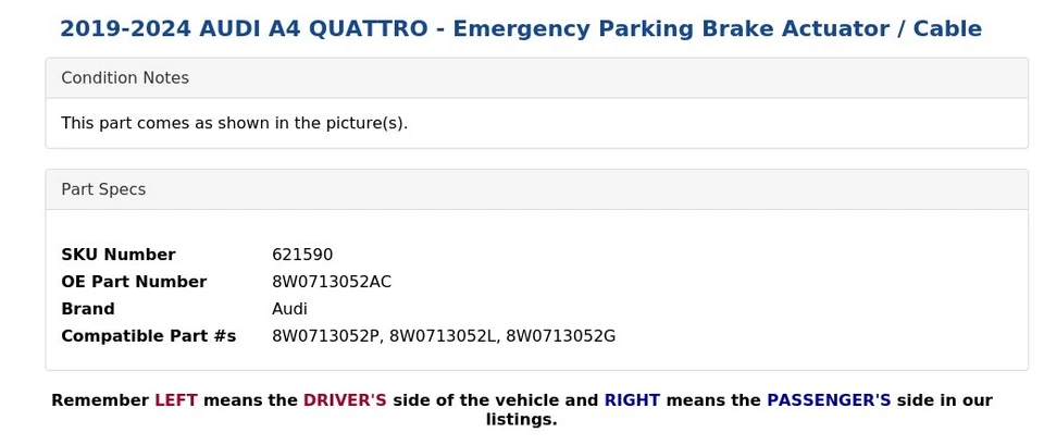 AUDI A4 QUATTRO 2019-2024 - Actuador/cable de freno de estacionamiento de emergencia Foto 4 de 4