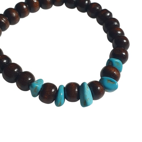 Dark Wood Beaded Bracelet Blue Stone Accents Stretch Elastic Band Design Gift - Picture 2 of 3