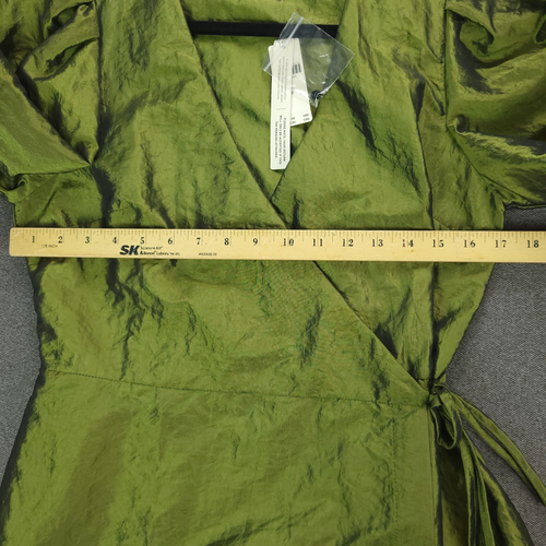 Anthropologie Wrap Dress Womens 8 Green Puff Sleeve Taffeta - Picture 7 of 9