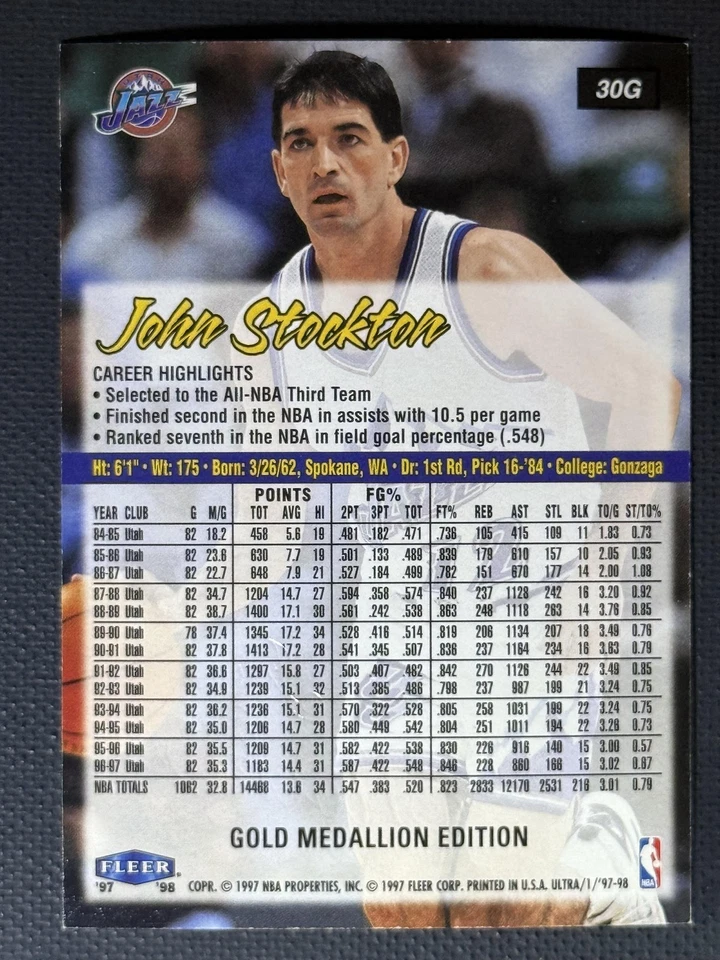 1997-98 Ultra #30G John Stockton Gold Medallion Utah Jazz - Image 2 of 2