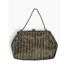 Vintage Hand Beaded Chevron Evening Clutch Gold Silver Metallic Kiss Lock Bag