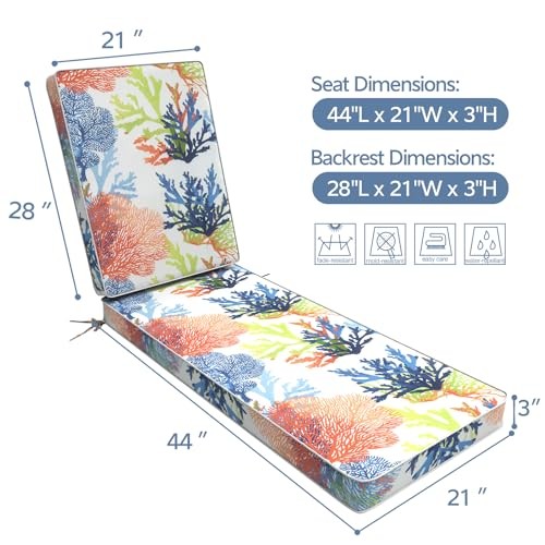 Outdoor Chaise Lounge Cushion, 72 x 21 x 3 Inch Patio 72x21x3 Coral Multi - Picture 2 of 7