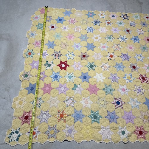 Sacco mangime vintage bellissima trapunta a sei punte estremità stella 80”x70” cucita a mano - Foto 9 di 16