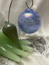 Hand Blown Glass Orb Witch Ball Sun Catcher Ornament  Poland Iron Art Blue Lot 2