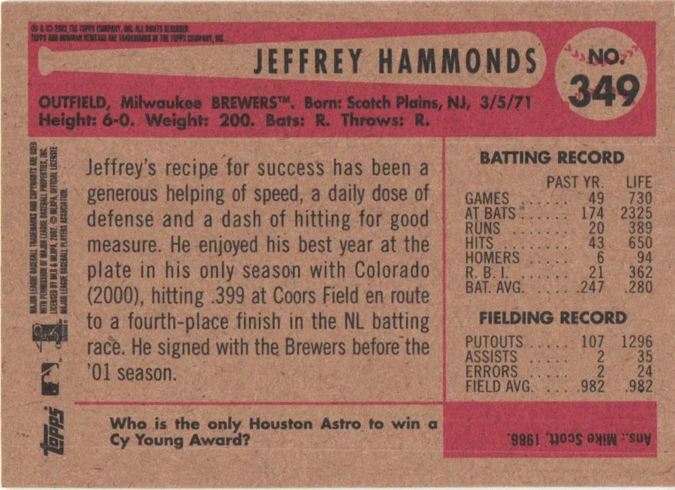 2002 Bowman Heritage #349 Jeffrey Hammonds Milwaukee Brewers - Image 2 of 2
