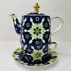 Blue Green Geometrical T2 Tea Pot for One with Saucer Gold Trim Unique Gift 