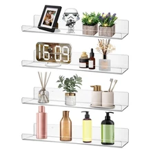 4 Pack Acrylic Shelves for Wall, 15" Clear Acrylic Floating Shelves for Bathr...