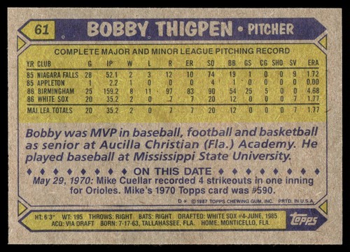 1987 Topps Bobby Thigpen Rookie Chicago White Sox #61 - Picture 2 of 2
