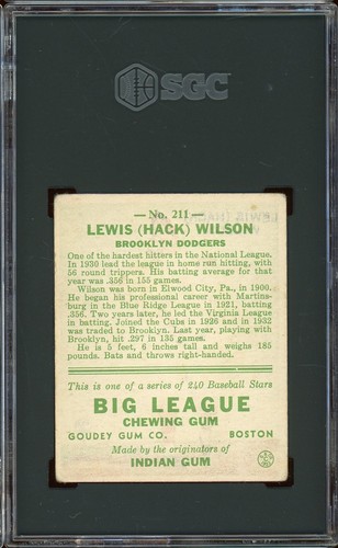1933 Goudey Baseball #211 Hack Wilson SGC 3 - Picture 2 of 2