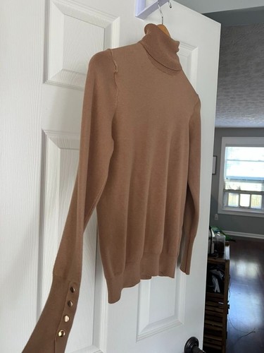 Zara Camel Brown Turtleneck Sweater Women’s Size L Long Sleeve Button Cuff - Picture 4 of 5