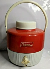 Vintage 1977 Coleman Water Jug Red And White 1 Gallon w/ Cup Cooler Work or Play