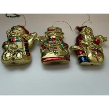 Set of 3 Vintage Plastic Blow Mold Christmas Ornaments Bear Snowman Santa 3.5-4"