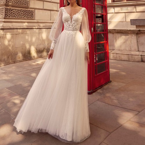 Elegante Spitze Rückenfrei Brautkleider Langarm V-Ausschnitt mit Schleppe Brautkleid - Bild 1 von 7