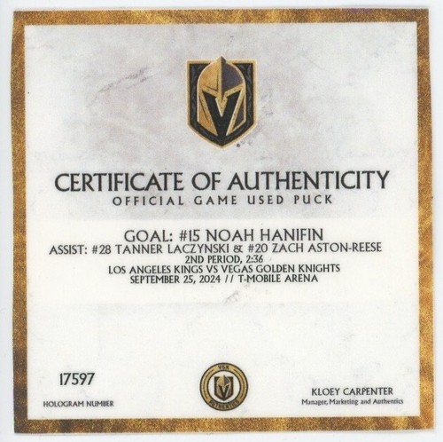 Noah Hanifin Autographed Game Used Goal Puck Vegas Golden Knights IGM COA Signed - Picture 4 of 9