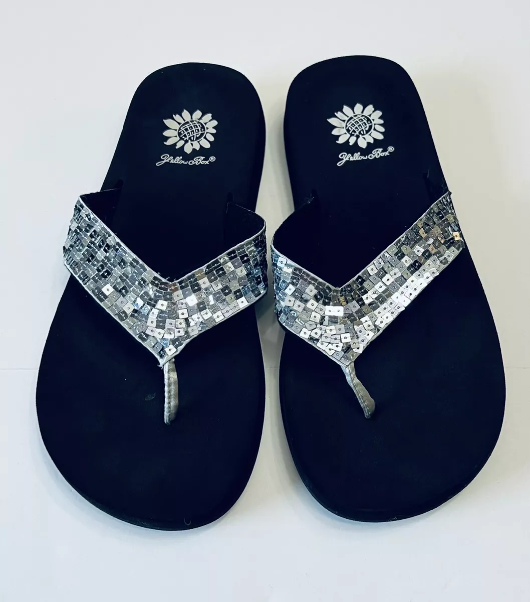 Yellow Box Silver Satin Sequin Thong Flip Flops Womans Size 6 VGUC