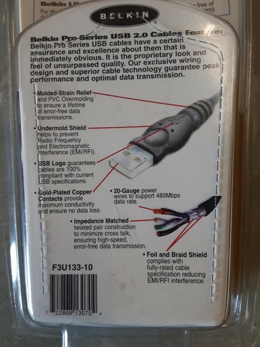 BELKIN Printer Cable USB 2 High-Speed 2.0 Cable 10 FOOT USB A Plug to B Plug - Picture 2 of 9